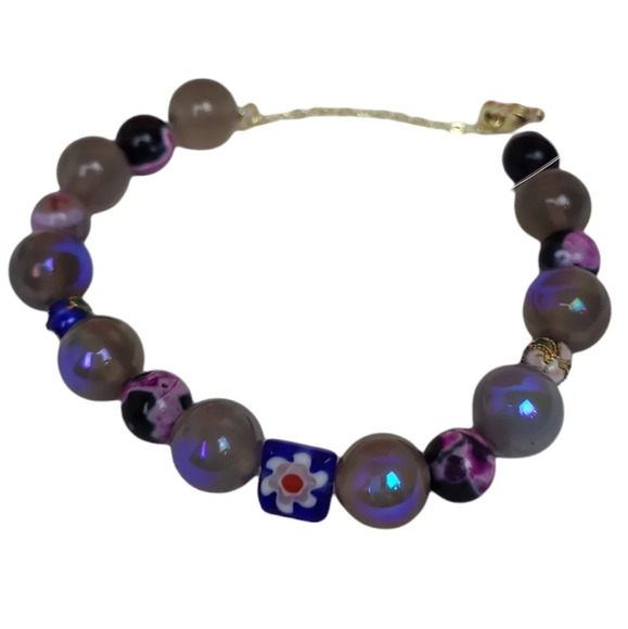 Gray Plating Moonstone Beads  Natural Stone Onyx Beads Fuchsia  Black Fire Veins - Picture 3 of 4